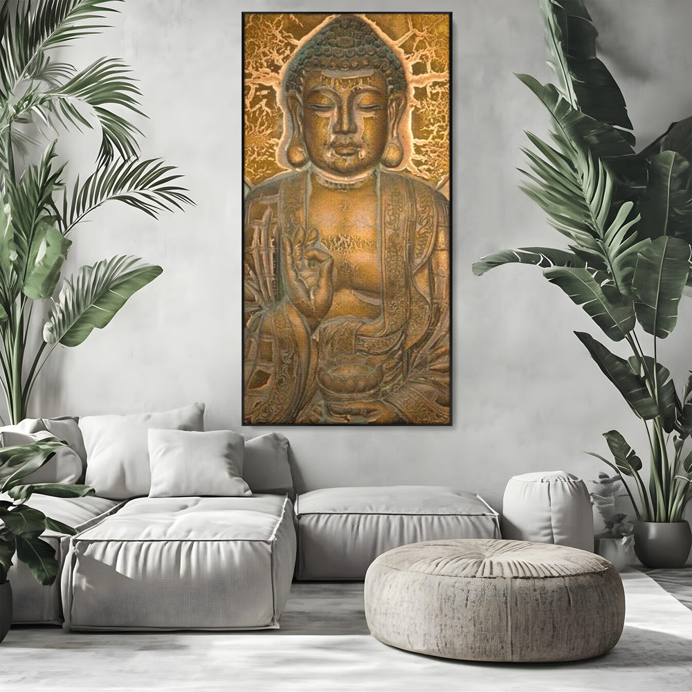Tablou canvas cu tablou canvas cu figura lui buddha, in rama de aluminiu negru, pe perete intr-un living